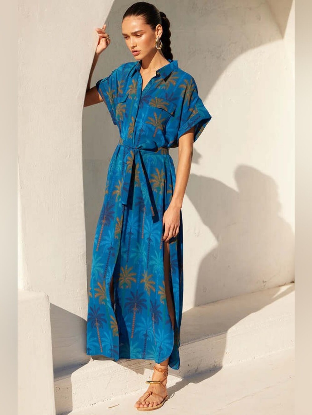 Misa Los Angeles Blue Palm Print Maxi Shirtdress XS New - Picture 2 of 3